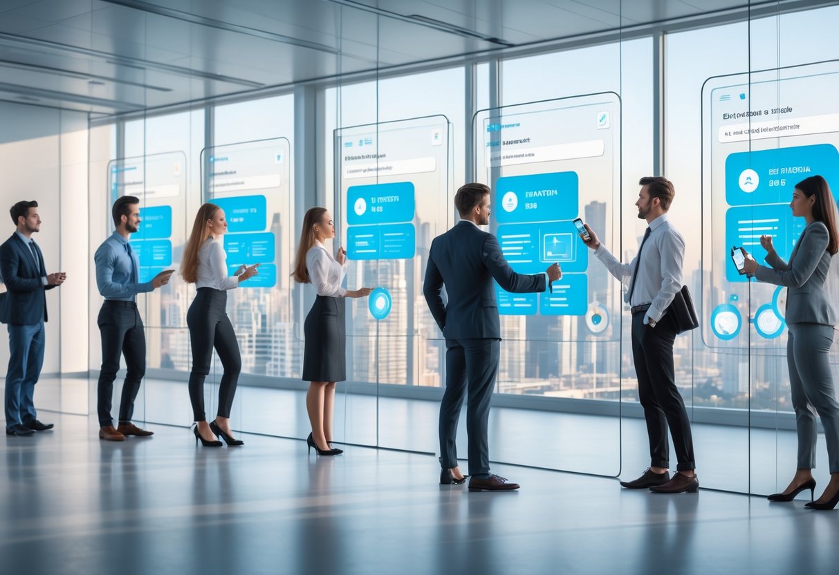 The Role of Job Boards in 2026: Effectiveness, Trends, and Remote Hiring Reality A group of diverse professionals using futuristic touchscreens in a bright office with a city skyline in the background.