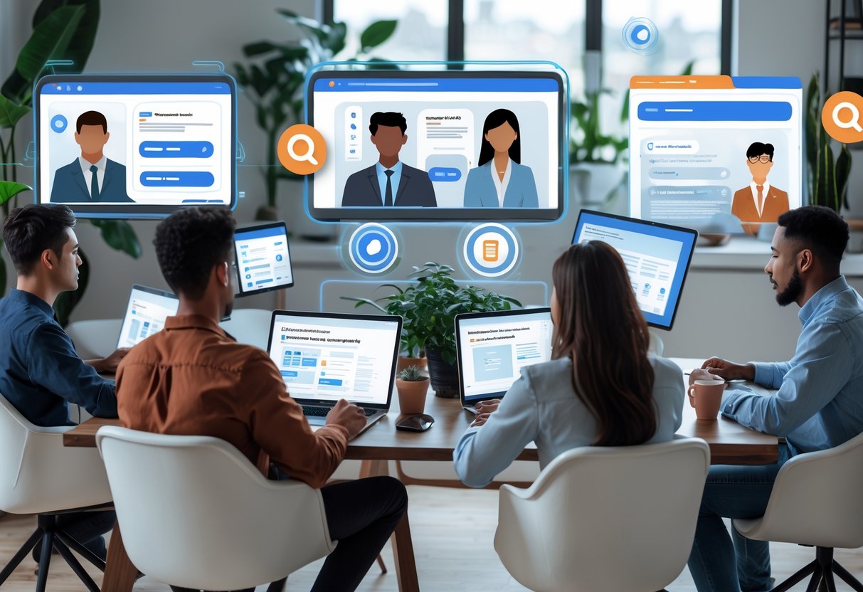 The Role of Job Boards in 2026: Effectiveness, Trends, and Remote Hiring Reality A group of diverse professionals working remotely from home offices, using laptops and tablets with digital job search interfaces visible on their screens.