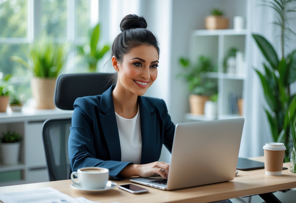A young woman sitting at a desk in a bright home office, participating in a video interview on her laptop.