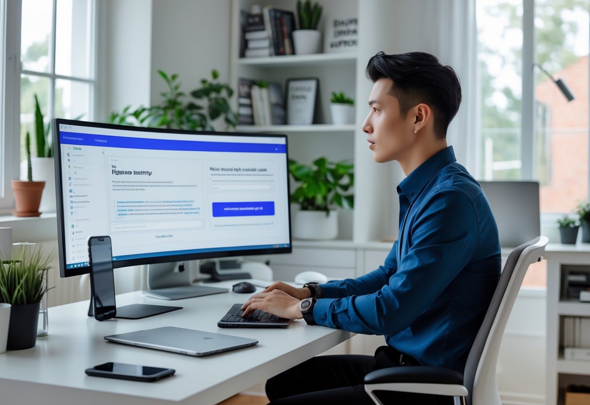 A person working at a desk with multiple digital devices in a bright home office, focused on applying for remote jobs.