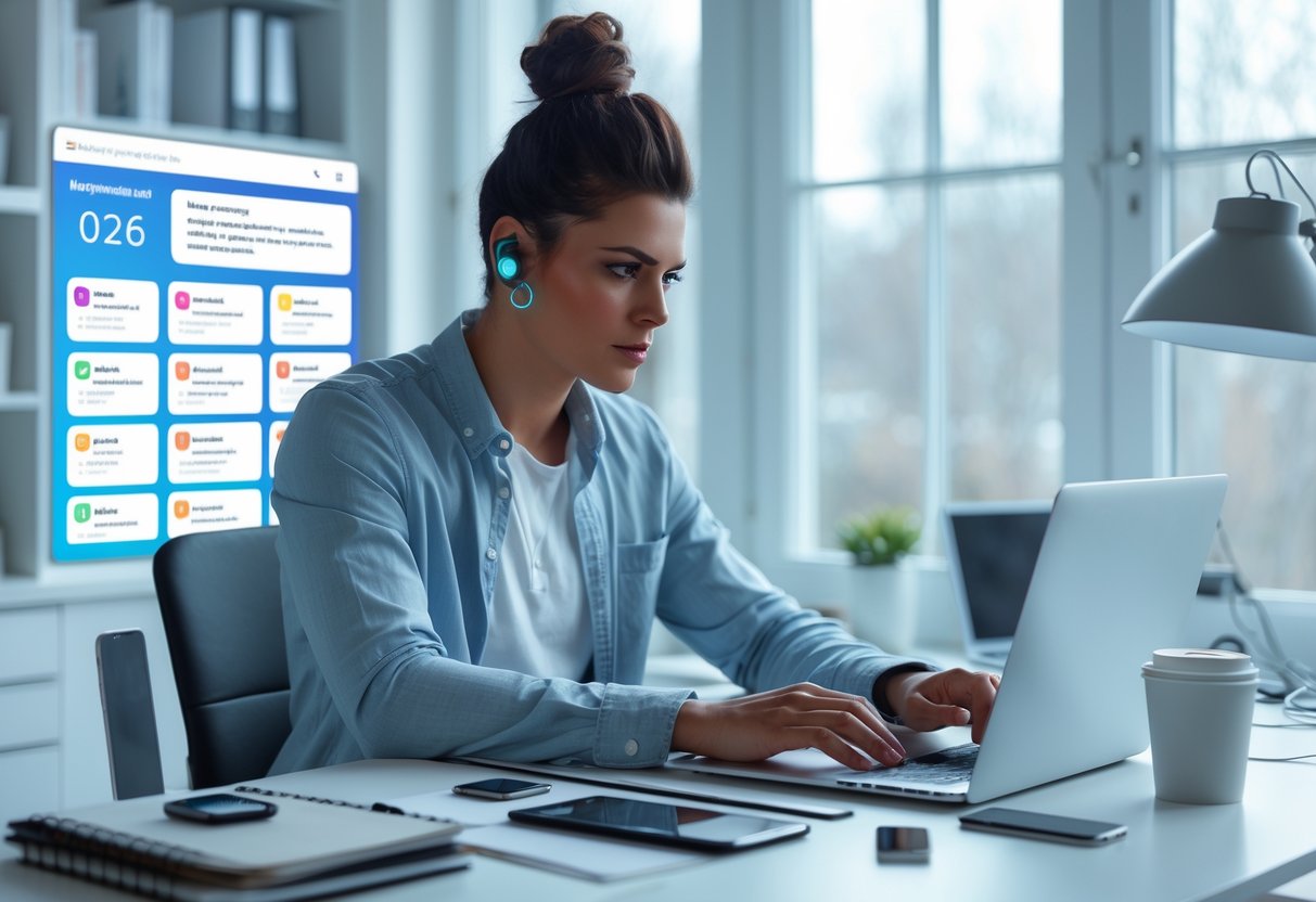 A young professional working at a laptop in a bright home office, surrounded by work materials and technology, focused on applying for remote jobs.