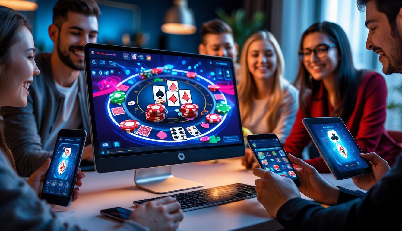 Sejumlah orang muda sedang bermain poker online dengan perangkat digital di ruangan modern yang nyaman.