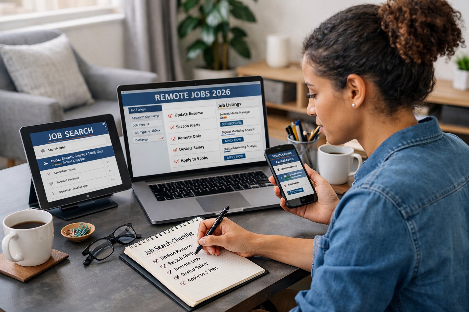 A person sitting at a desk using a laptop and tablet to search and filter remote job listings in a bright home office.