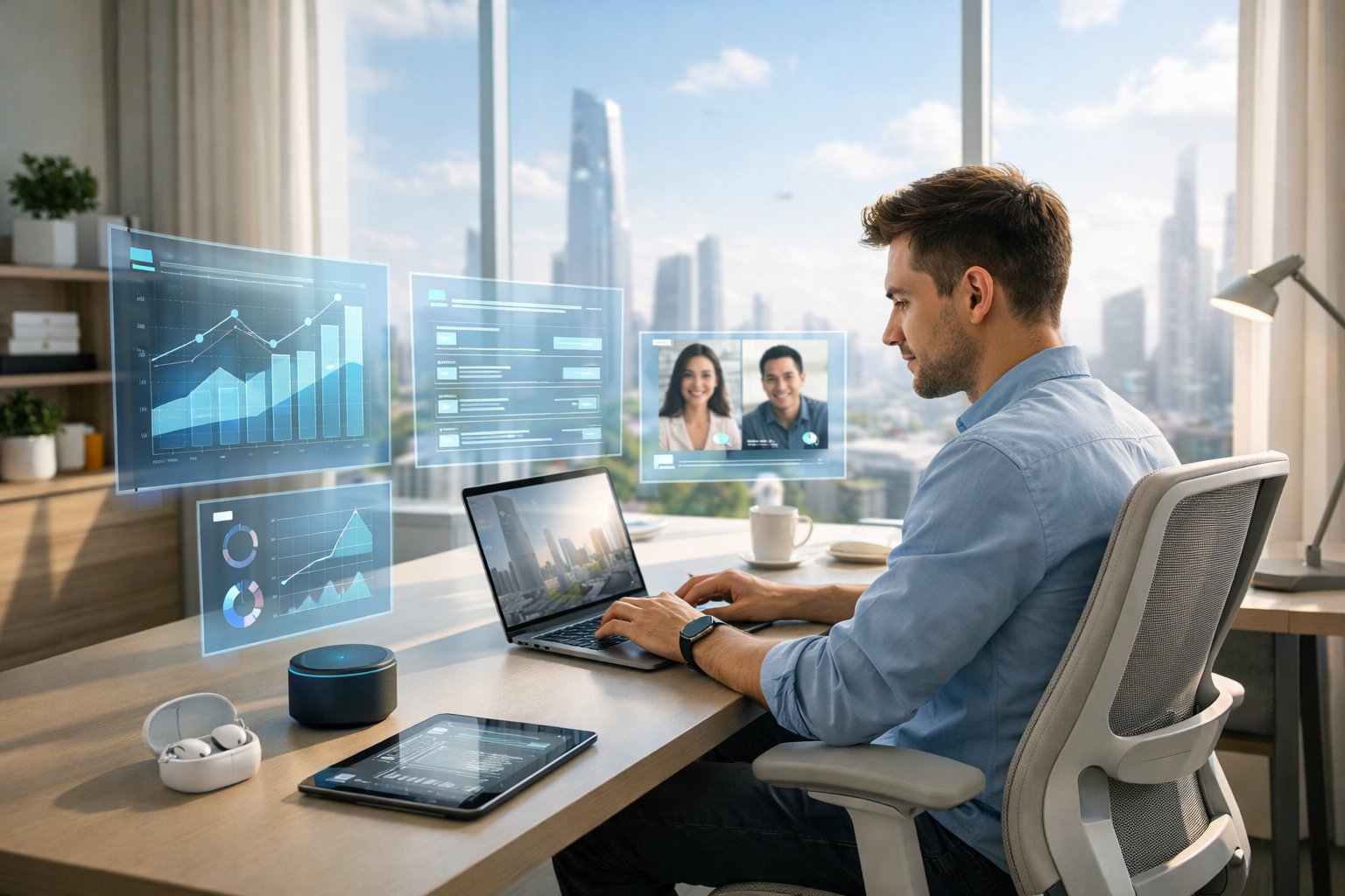A person working remotely at a modern home office with holographic screens and futuristic city view outside the window.