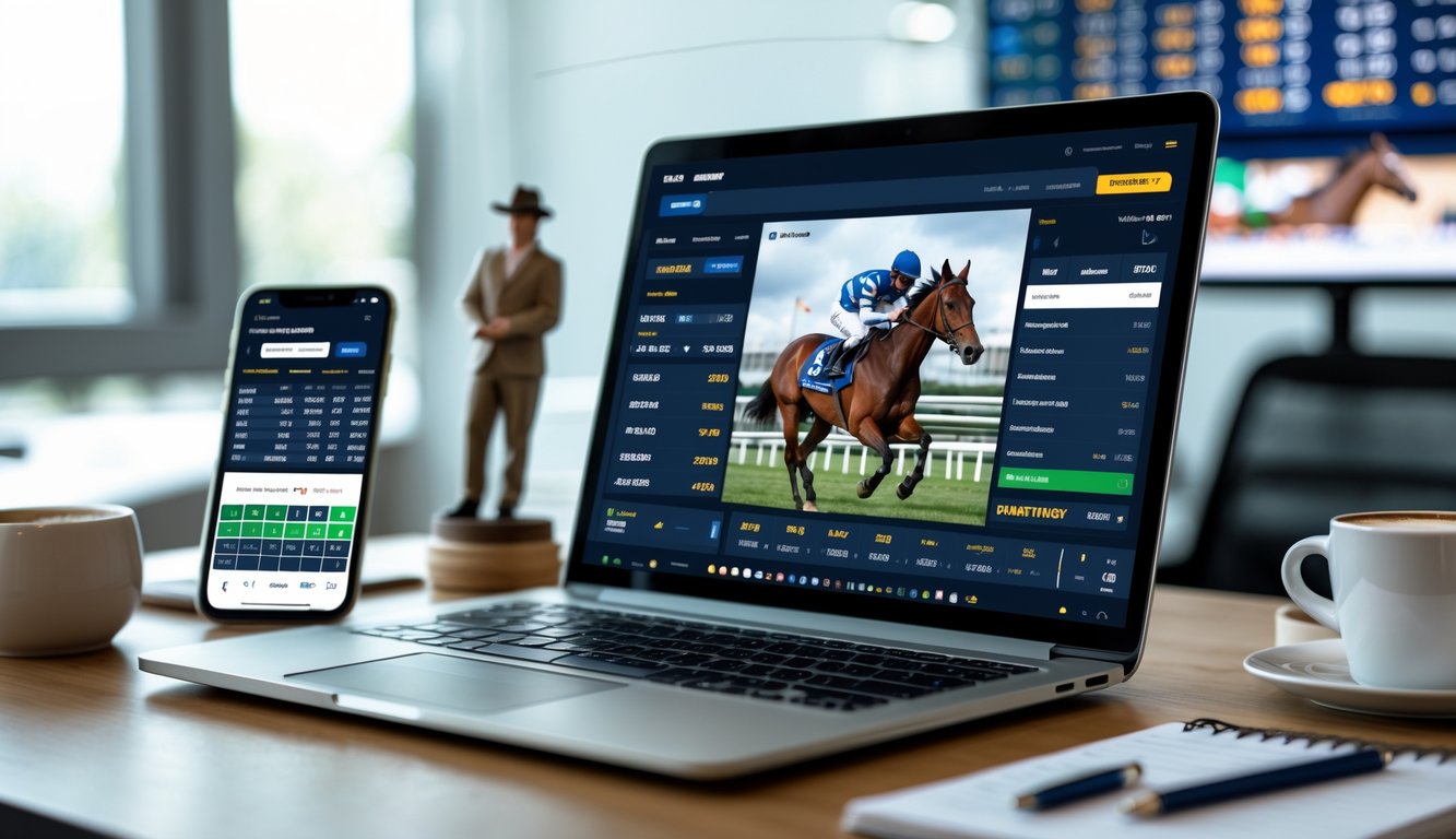 Seorang pengguna sedang melihat situs taruhan balap kuda online di laptop di meja kerja dengan ponsel dan alat tulis di sekitarnya.