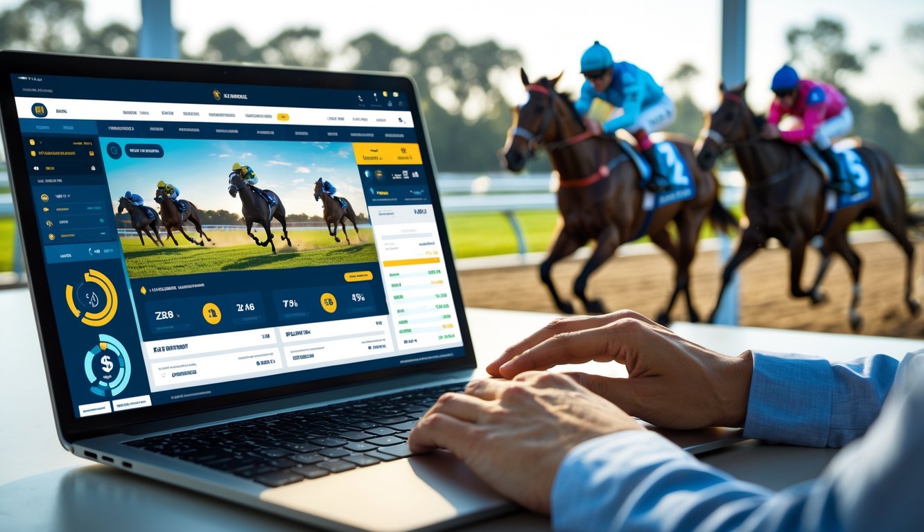 Seseorang menggunakan laptop dengan tampilan antarmuka taruhan balap kuda online, dengan latar belakang balapan kuda yang sedang berlangsung.