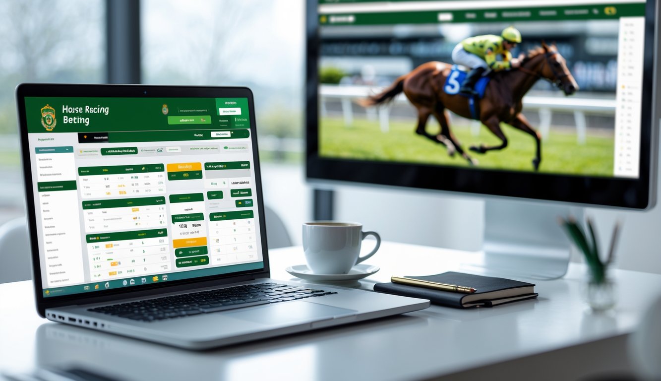 Meja kerja dengan laptop yang menampilkan situs balap kuda, buku catatan, pena, dan cangkir kopi, dengan layar besar yang menunjukkan balapan kuda di latar belakang.