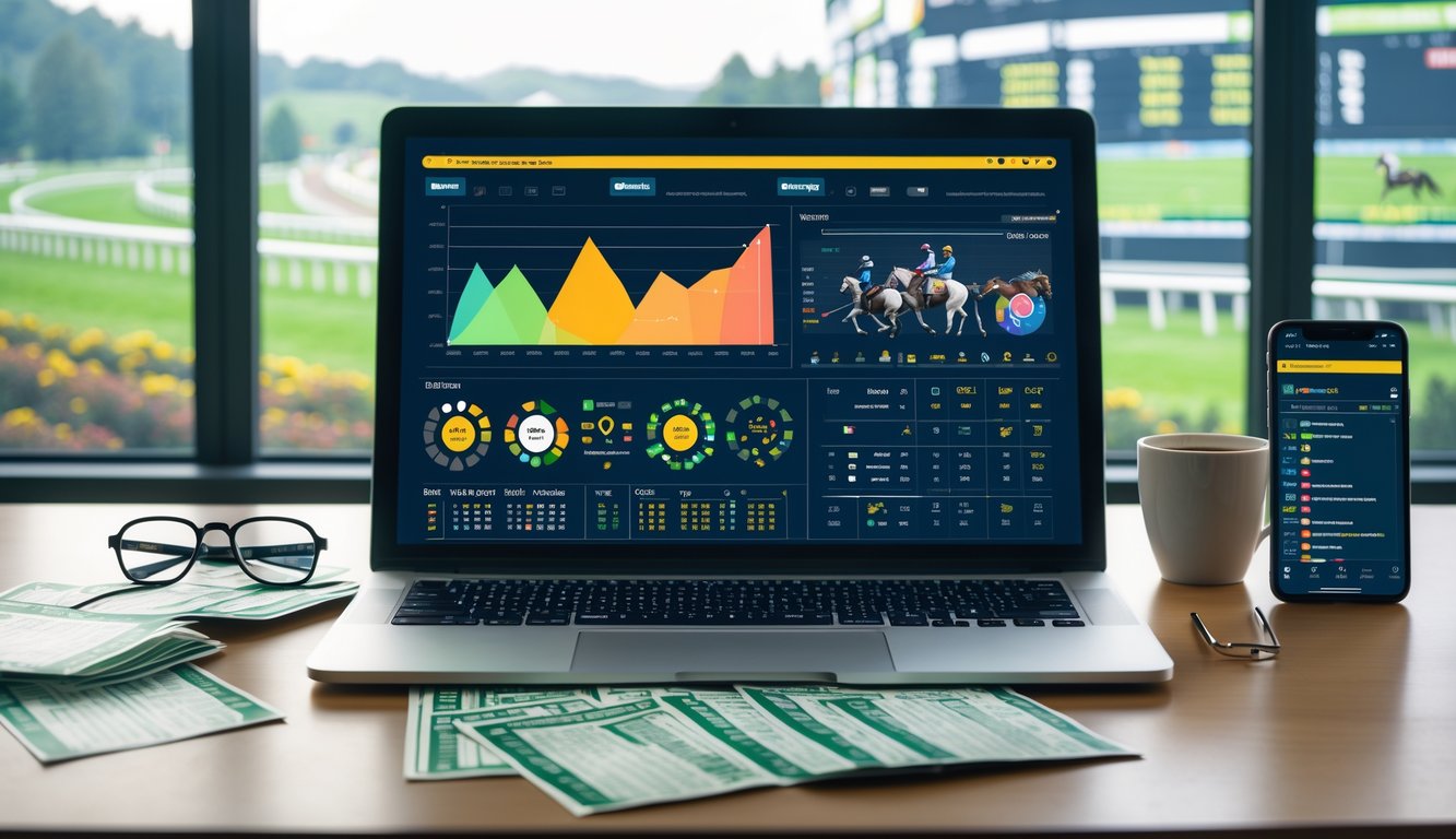 Sebuah meja kerja dengan laptop menampilkan grafik dan data statistik balap kuda, smartphone yang memutar balapan kuda secara langsung, serta beberapa slip taruhan dan cangkir kopi di sekitarnya.