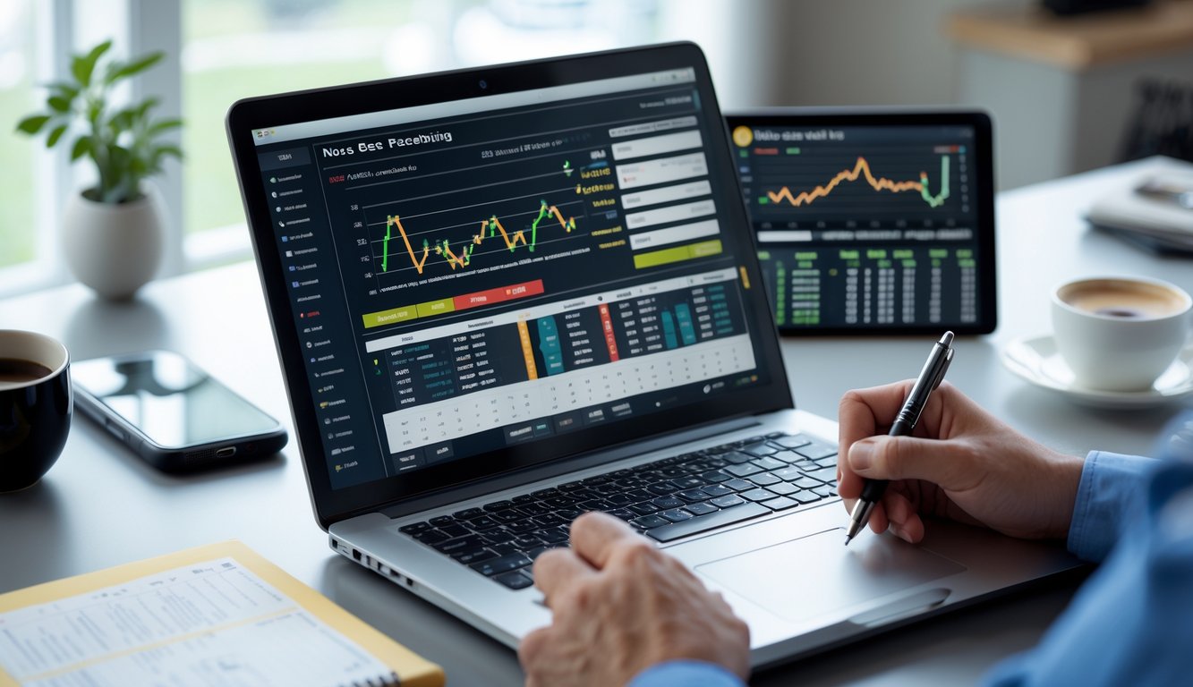 Seseorang sedang menganalisis data taruhan balap kuda online di depan laptop dengan grafik dan catatan di meja kerja.