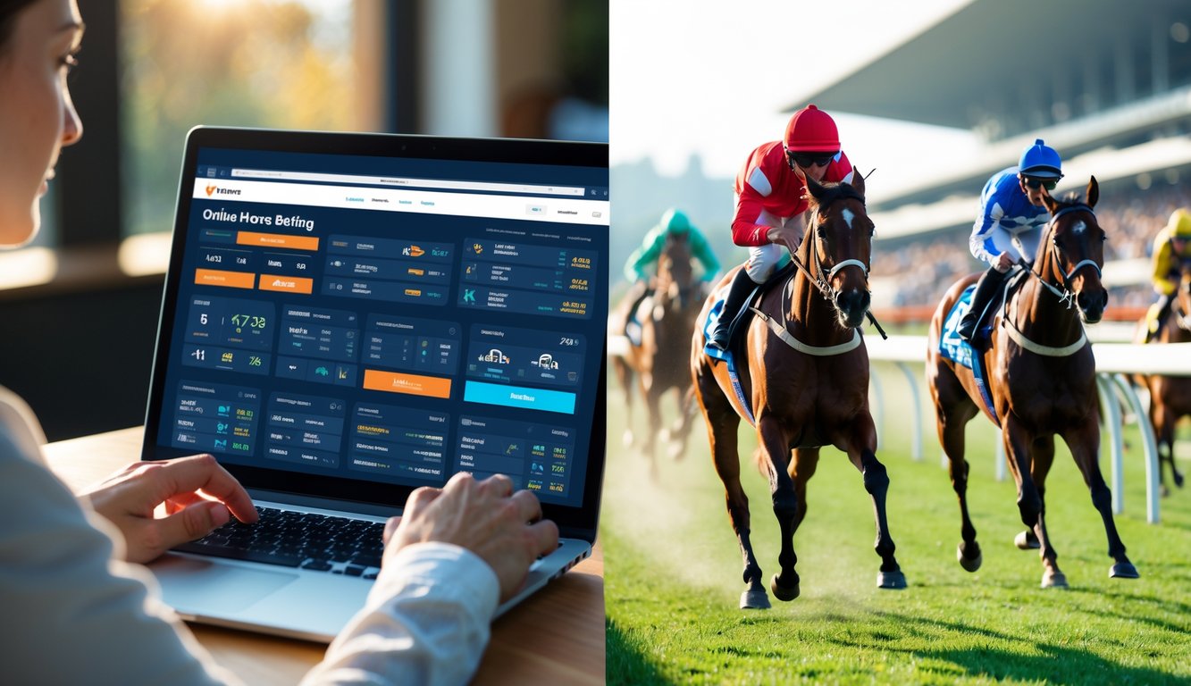 Seseorang menggunakan laptop untuk taruhan balap kuda online di dalam ruangan dan balapan kuda tradisional dengan joki di lintasan balap di luar ruangan.