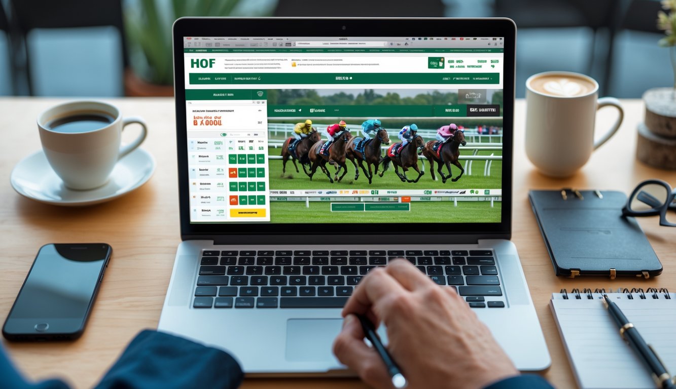 Seseorang sedang menggunakan laptop untuk taruhan balap kuda online di meja kerja dengan ponsel dan alat tulis di sekitar.