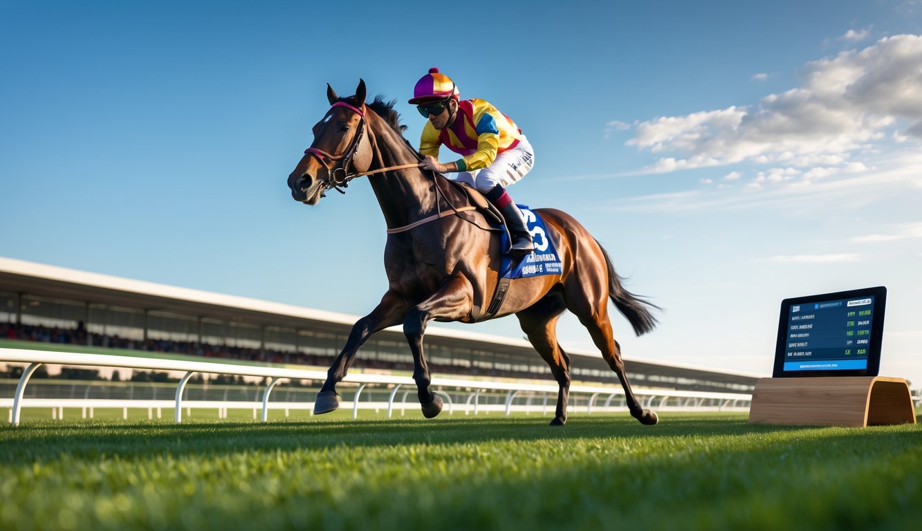 Seekor kuda pacu yang sedang berlari kencang di trek dengan joki yang mengenakan seragam balap berwarna-warni, di latar belakang terdapat perangkat digital yang menunjukkan informasi taruhan.