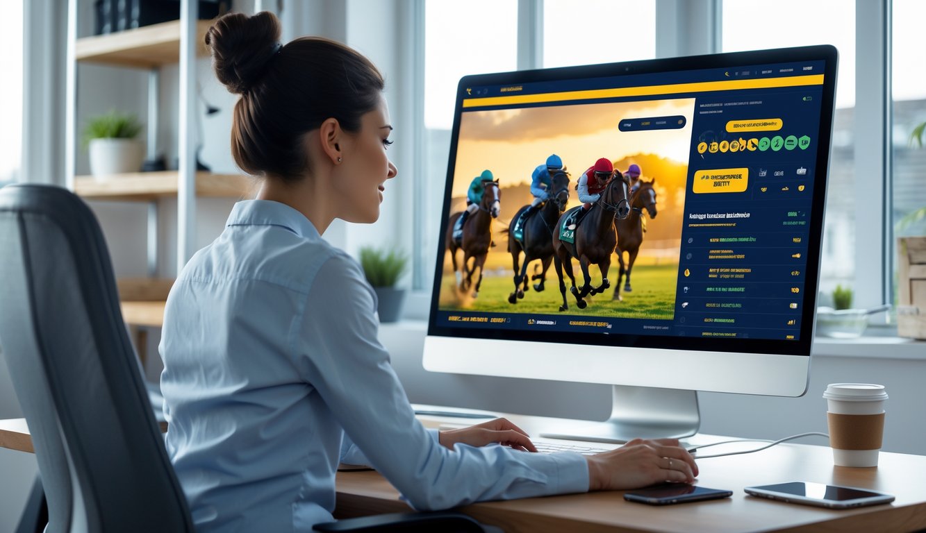 Seseorang duduk di meja kerja dengan komputer yang menampilkan balap kuda online, terlihat fokus dan tenang dalam suasana ruangan yang terang dan nyaman.