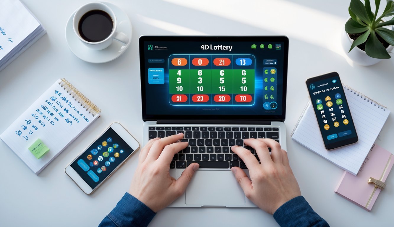 Seorang pengguna sedang menggunakan laptop dan smartphone untuk bermain judi togel online 4D di meja kerja yang rapi.