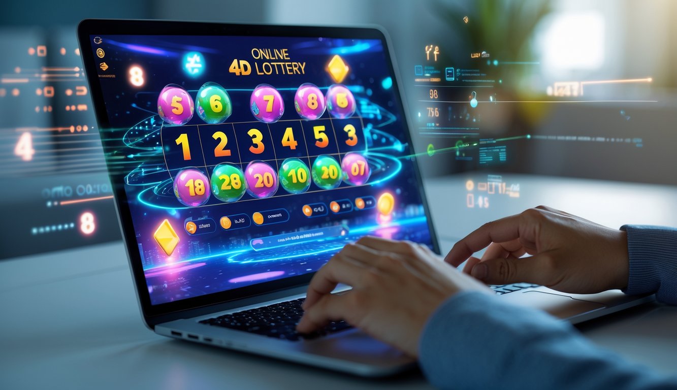 Seorang pengguna sedang berinteraksi dengan laptop dan ponsel yang menampilkan antarmuka permainan togel 4D digital di ruang kerja modern.