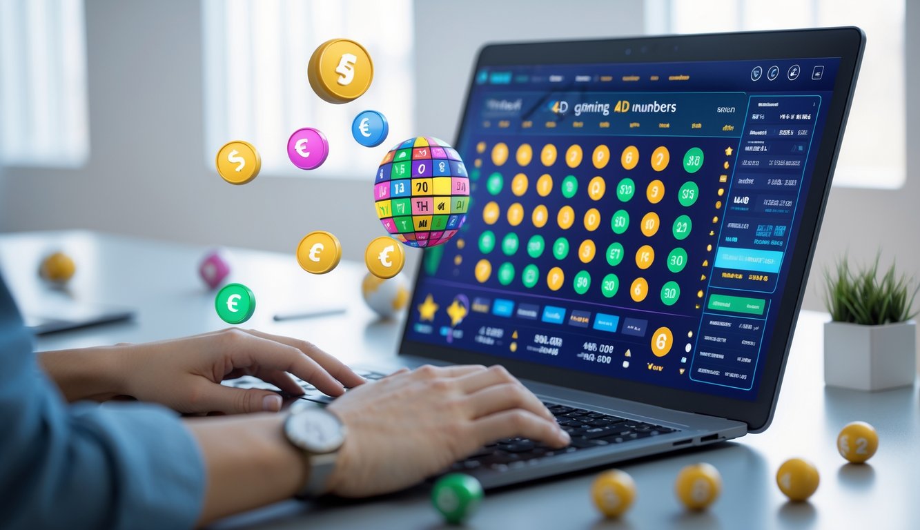 Sebuah ruang kerja modern dengan komputer menampilkan antarmuka permainan togel online 4D, memperlihatkan angka dan grafik, dengan tangan yang sedang berinteraksi dengan layar.