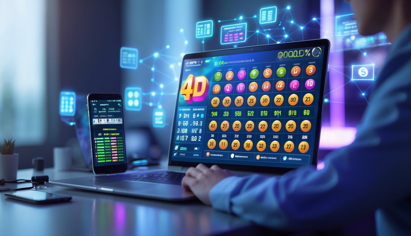 Seorang pria menggunakan laptop di meja kerja dengan layar menampilkan antarmuka lotere digital dan ikon holografik di sekitarnya.