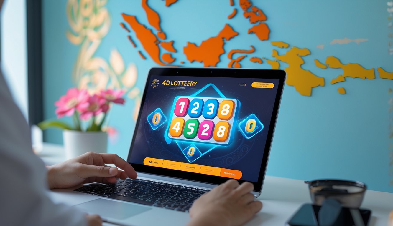 Seseorang menggunakan laptop atau ponsel untuk bermain permainan angka online dengan latar belakang elemen budaya Indonesia.