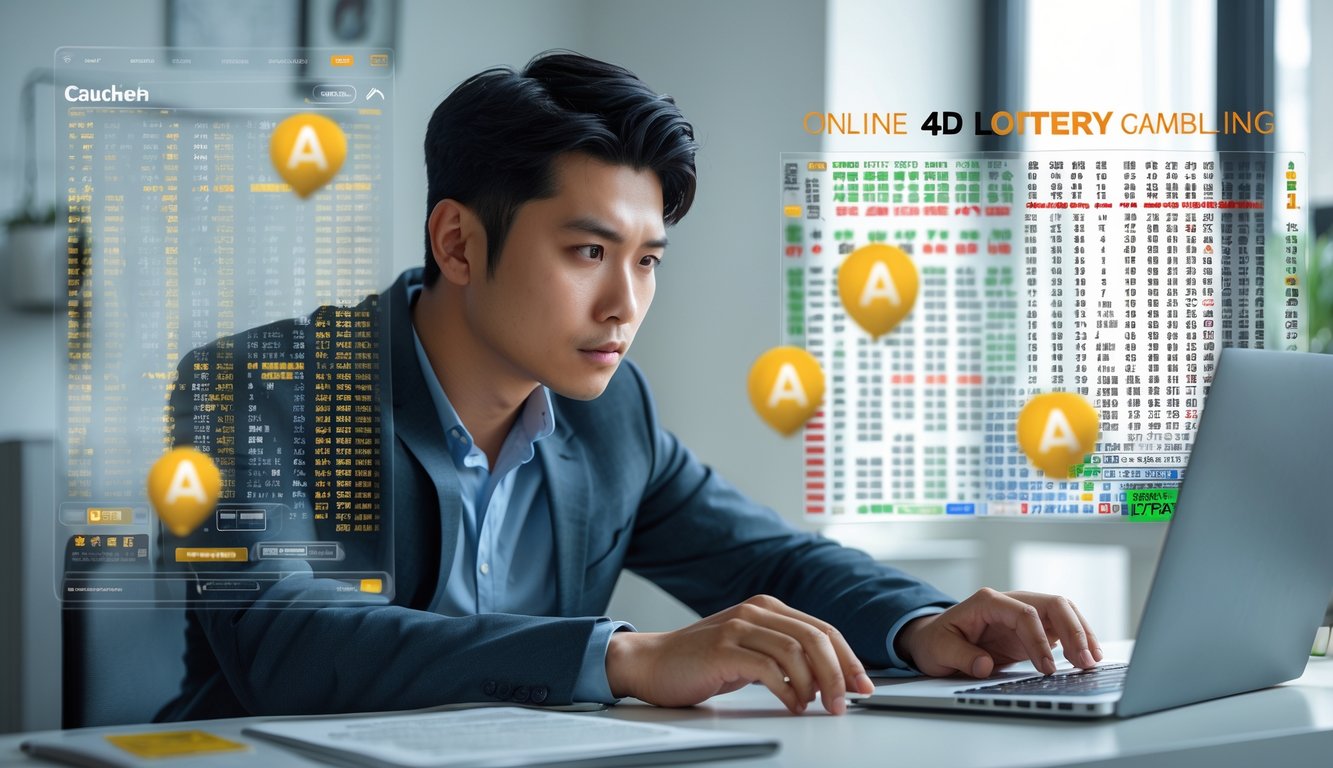 Seorang pria muda duduk di meja dengan laptop, terlihat serius dan fokus memikirkan risiko dan tanggung jawab dalam judi togel online 4D.