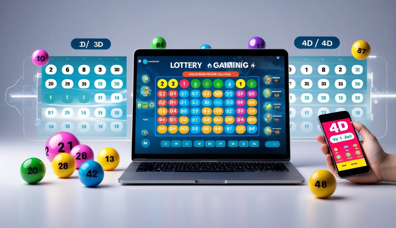 Seorang pengguna menggunakan laptop dan ponsel untuk bermain togel online dengan tampilan angka dan bola togel di sekitarnya.