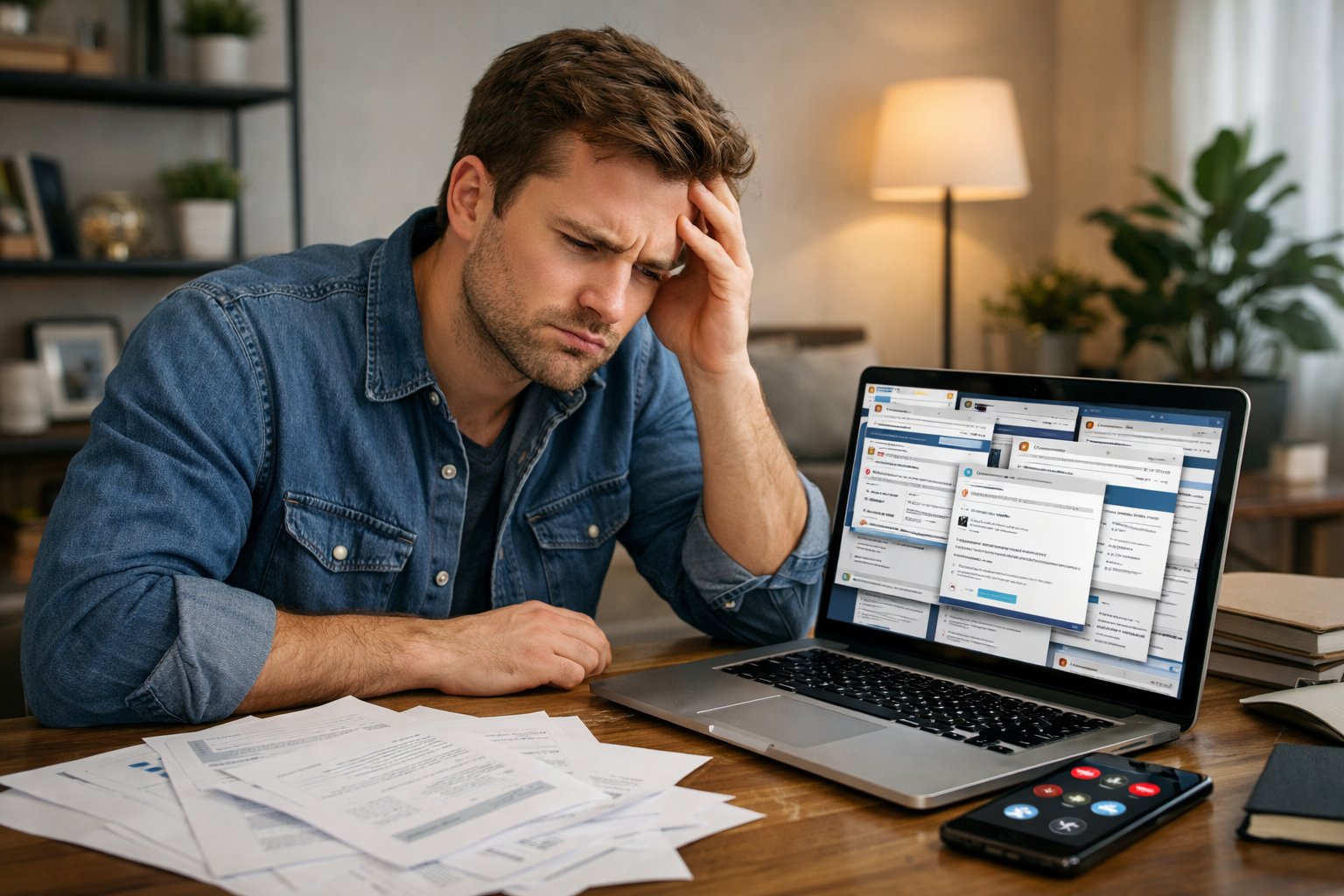 A young professional sitting at a desk in a home office, looking frustrated while viewing multiple job listings on a laptop.