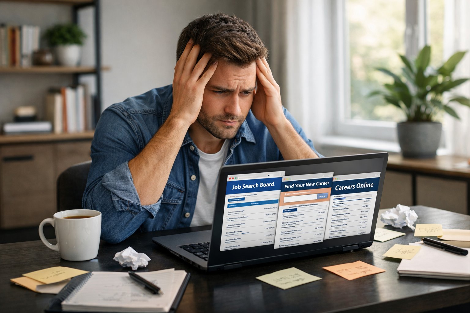 A person sitting at a desk with a laptop, looking frustrated while working from home.