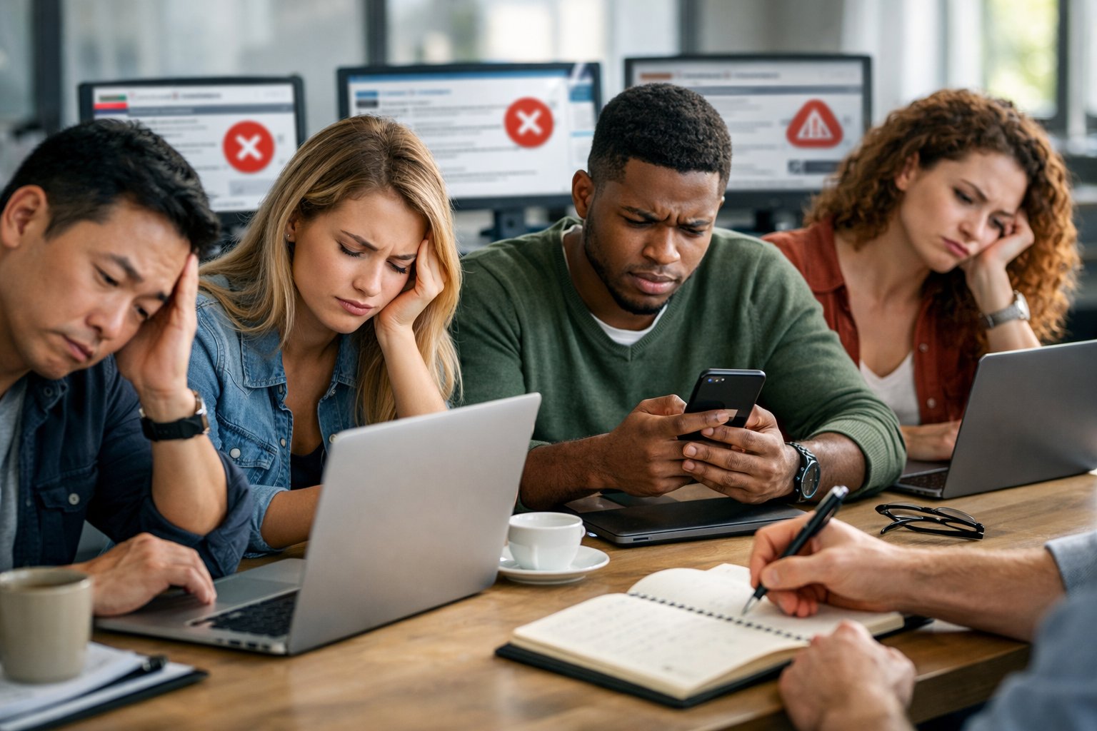 A group of diverse job seekers looking frustrated while using laptops and mobile devices in a modern co-working space with computer screens showing remote job listings.