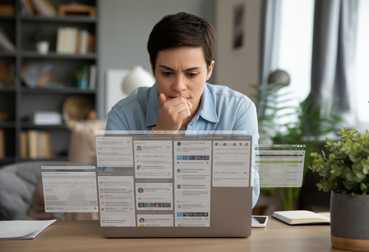 A young adult working on a laptop in a home office, looking thoughtfully at the screen with multiple job listings open.