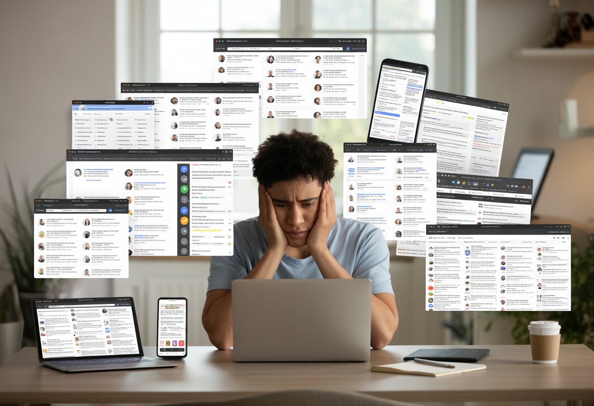 A young person sitting at a desk surrounded by multiple devices showing many job listings, looking frustrated and overwhelmed.