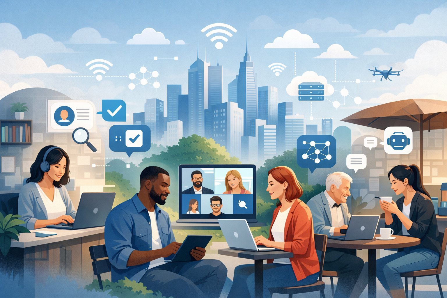 People working remotely from different locations using laptops and tablets, connected through digital job search and networking platforms with a futuristic city in the background.