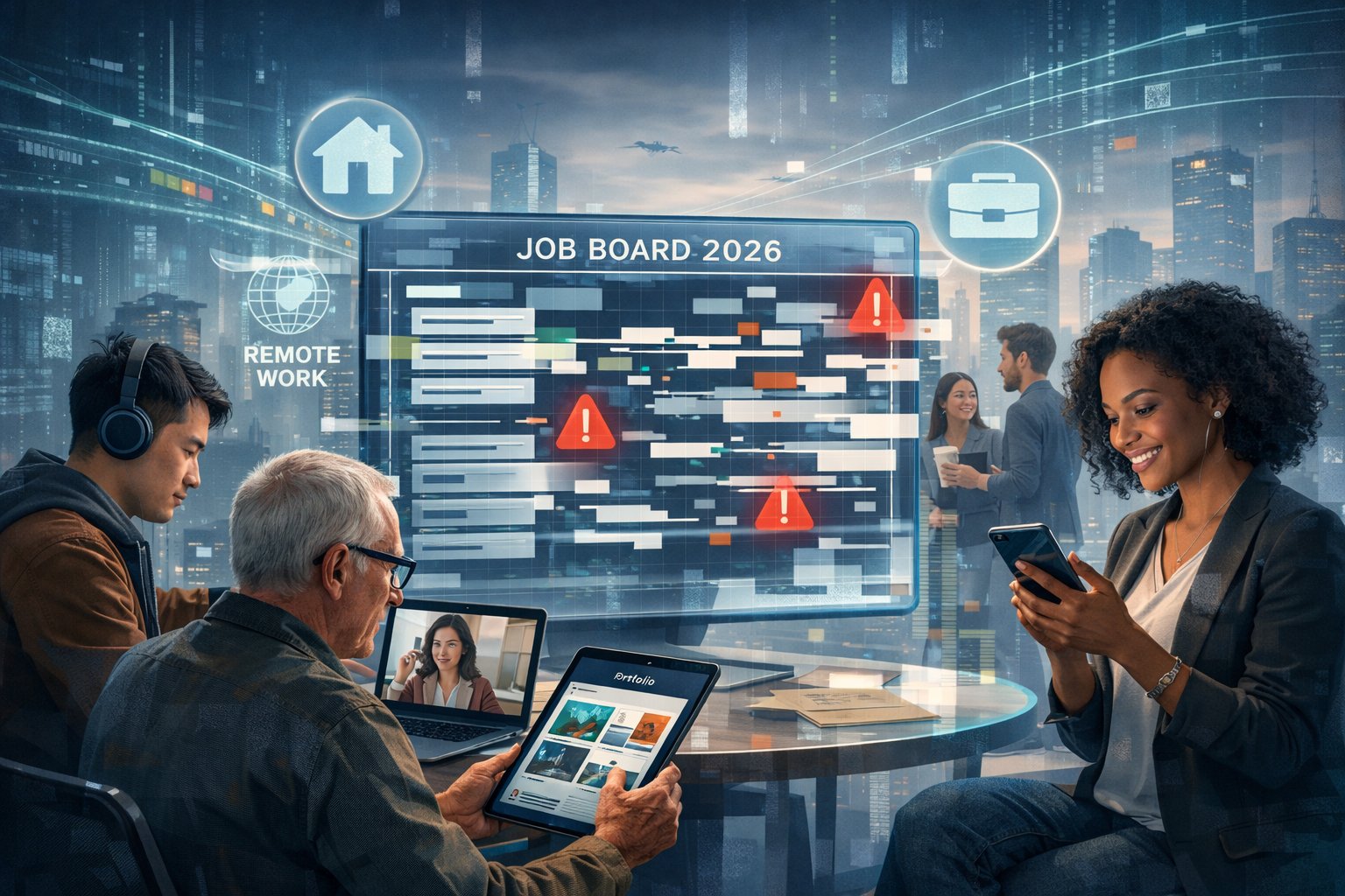 A group of diverse remote workers using laptops, tablets, and smartphones around a glitching digital job board screen in a futuristic office setting.