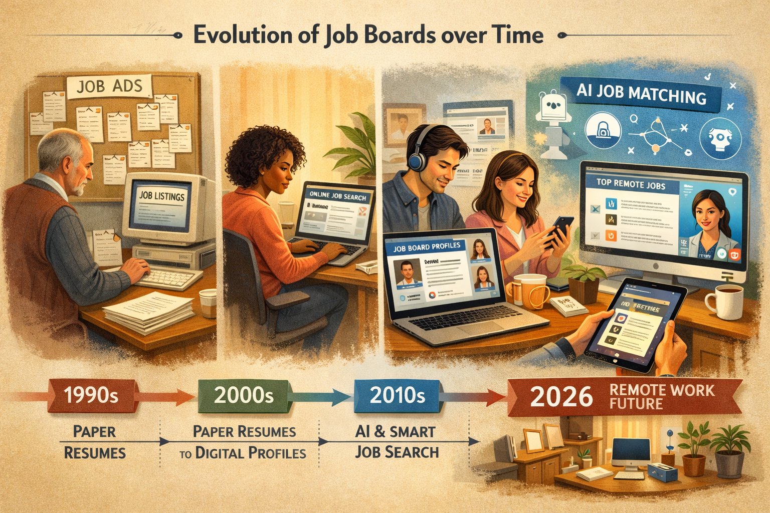 People using various digital devices in home offices along a timeline showing the evolution of job boards and remote work technology.