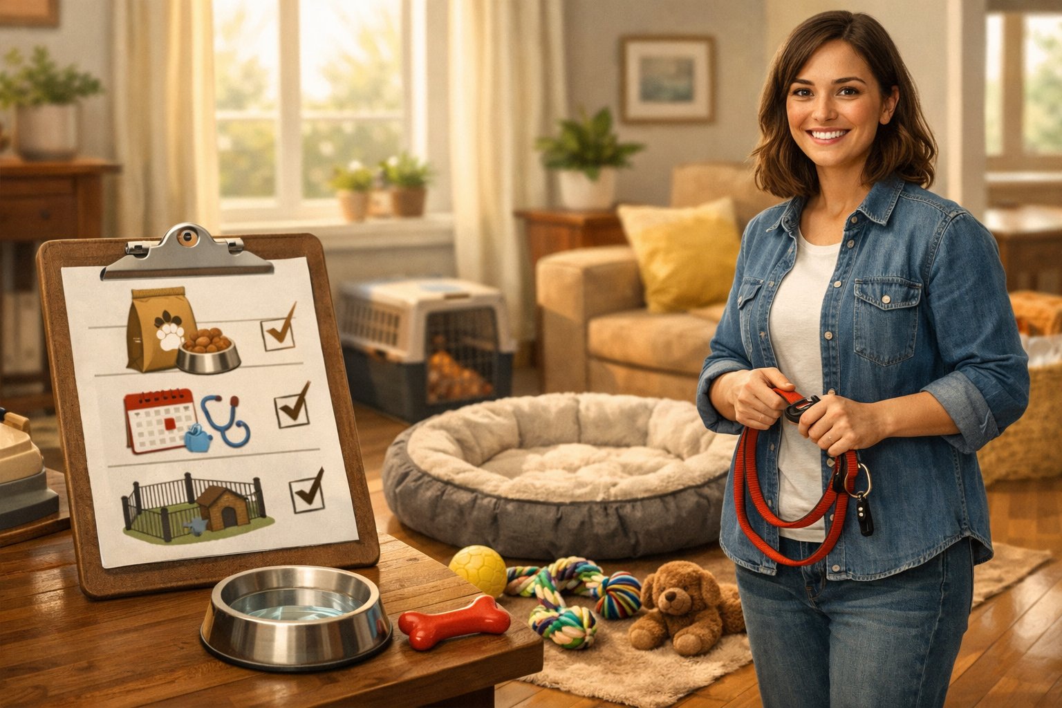 A person standing in a cozy living room prepared for a new Labradoodle puppy, with a dog bed, water bowl, toys, and a checklist on a table.