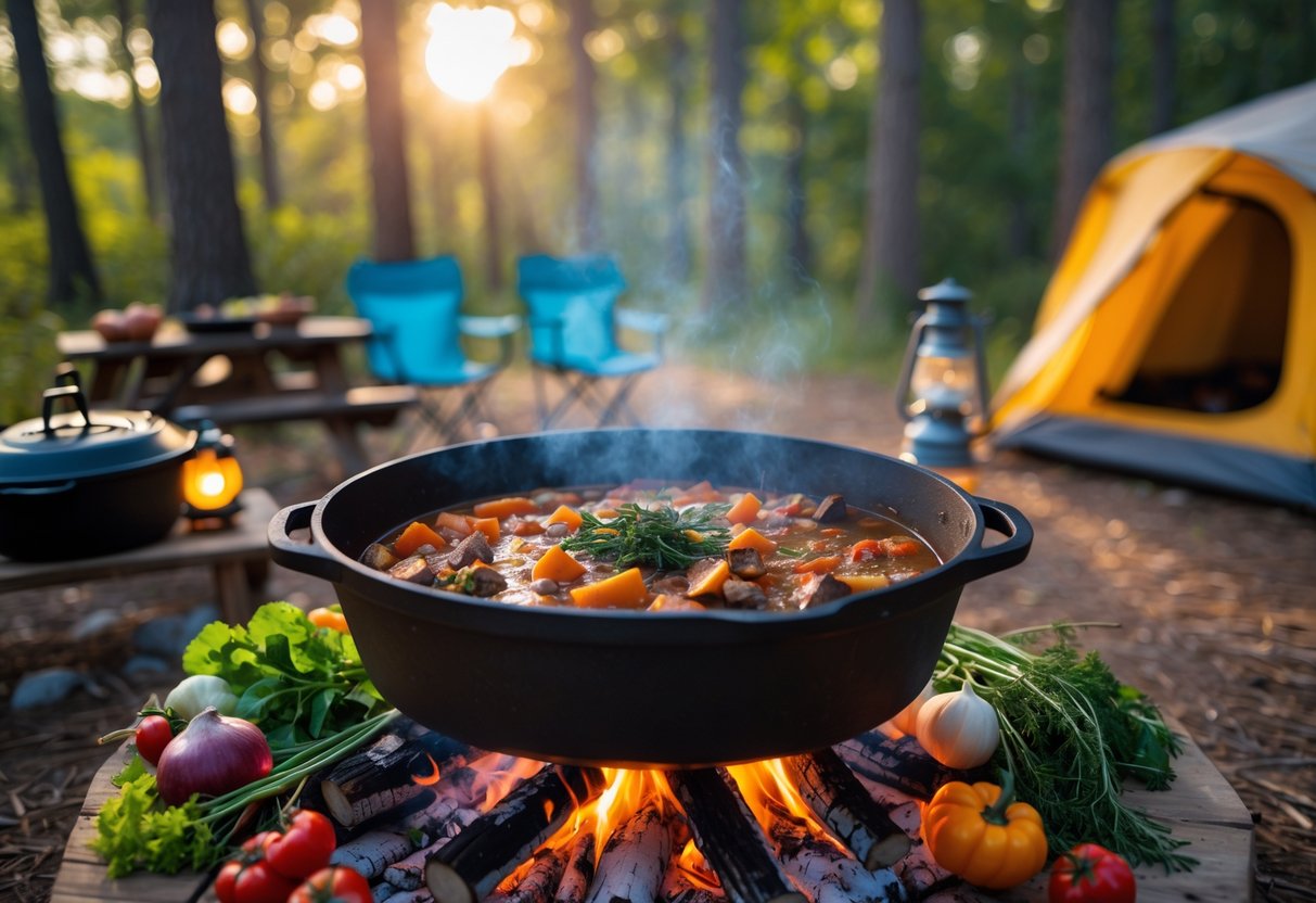 A Dutch oven cooking over a campfire with fresh ingredients on a wooden table and a forest background during a camping trip.