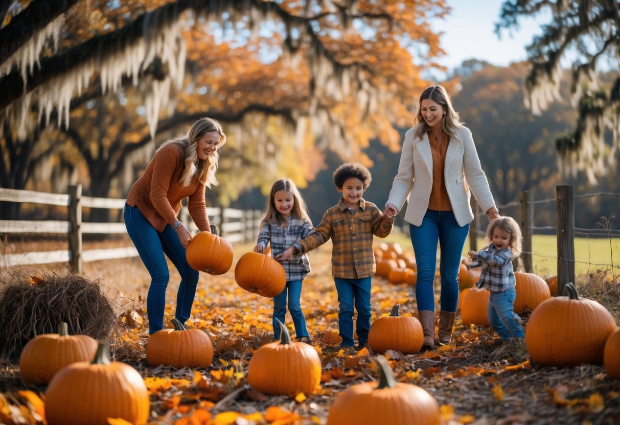 A family enjoying fall activities outdoors among colorful autumn trees and pumpkins near Monroe, Louisiana.