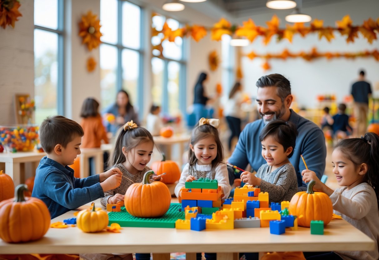 Families with children enjoying creative indoor activities together in a bright room decorated for fall.