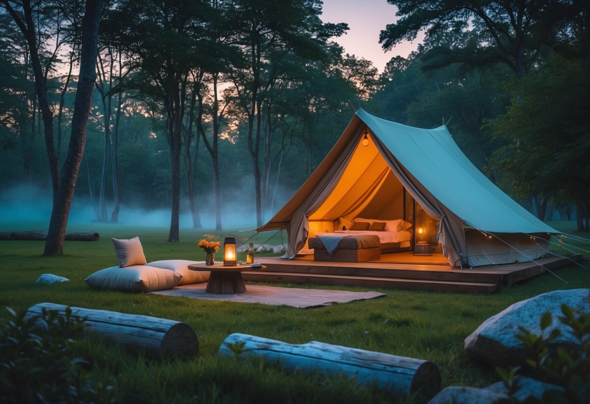 A peaceful glamping site with a lit canvas tent, cozy outdoor seating, and tall trees in a forest clearing during sunset.