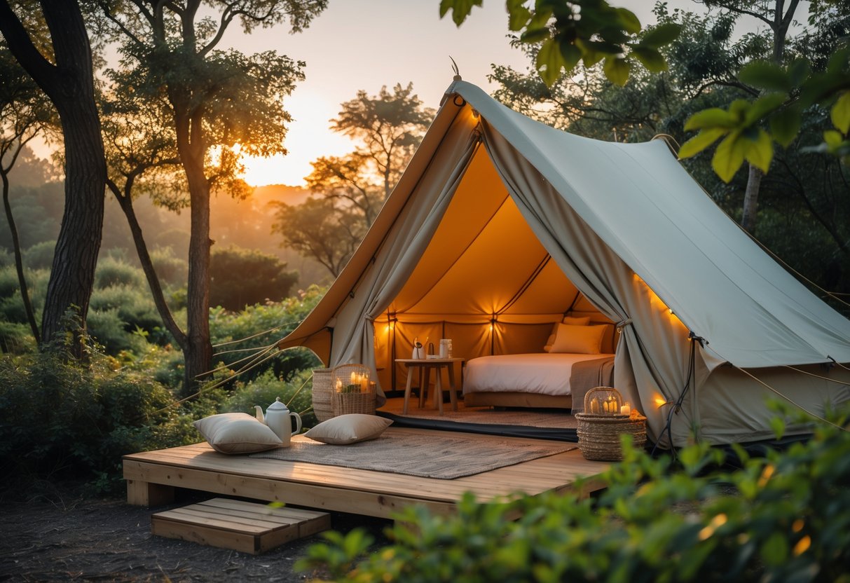A cozy canvas tent in a forest clearing with warm light inside and a small outdoor seating area surrounded by trees.