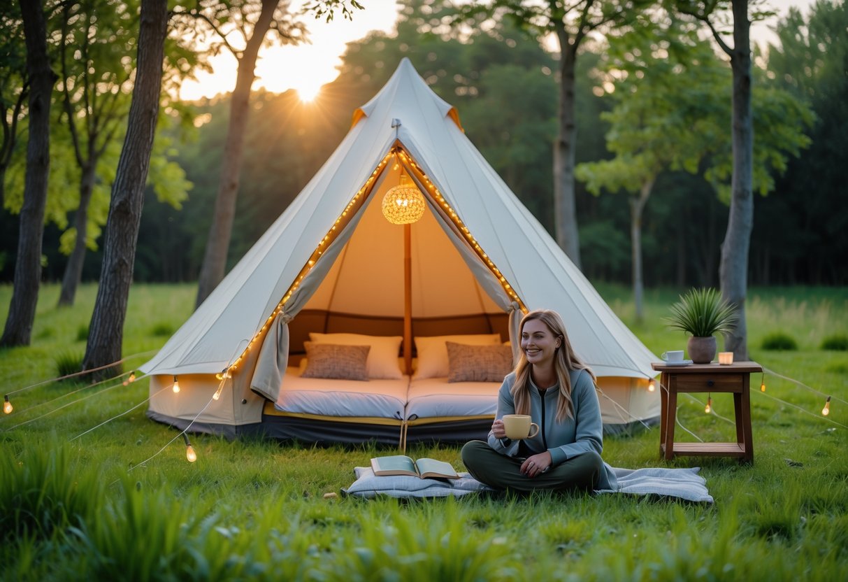 A person sitting on a blanket near a cozy tent in a green meadow surrounded by trees during sunset.
