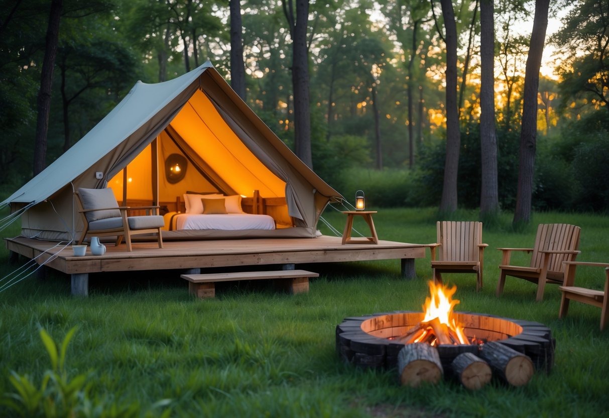 A cozy canvas tent with warm lighting in a forest clearing, surrounded by chairs, a campfire pit, and trees with sunlight filtering through.