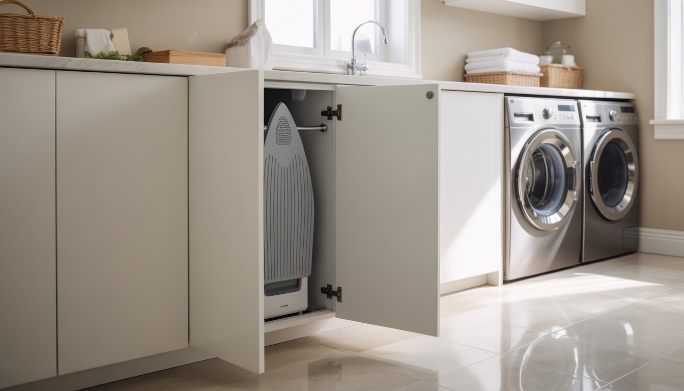 A laundry room with an open cabinet showing a hidden ironing board, a washing machine and dryer, and neatly organized shelves.
