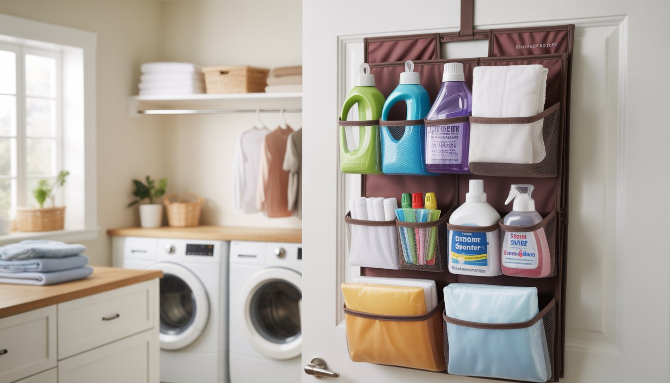 Over-the-door laundry organizer with laundry supplies hanging on a door in a clean laundry room with washing machine and folded clothes.