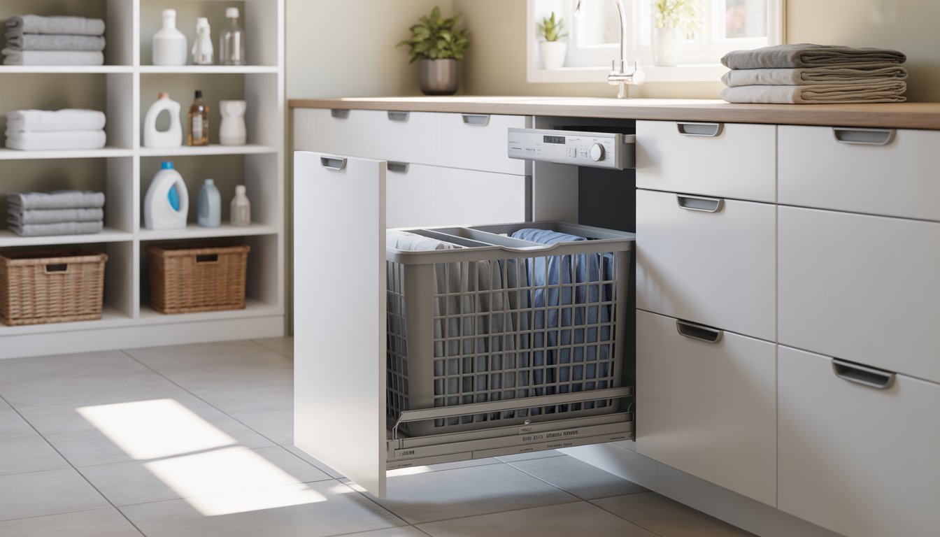 A bright laundry room with a pull-out laundry basket system built into white cabinets, showing organized laundry supplies and folded towels.