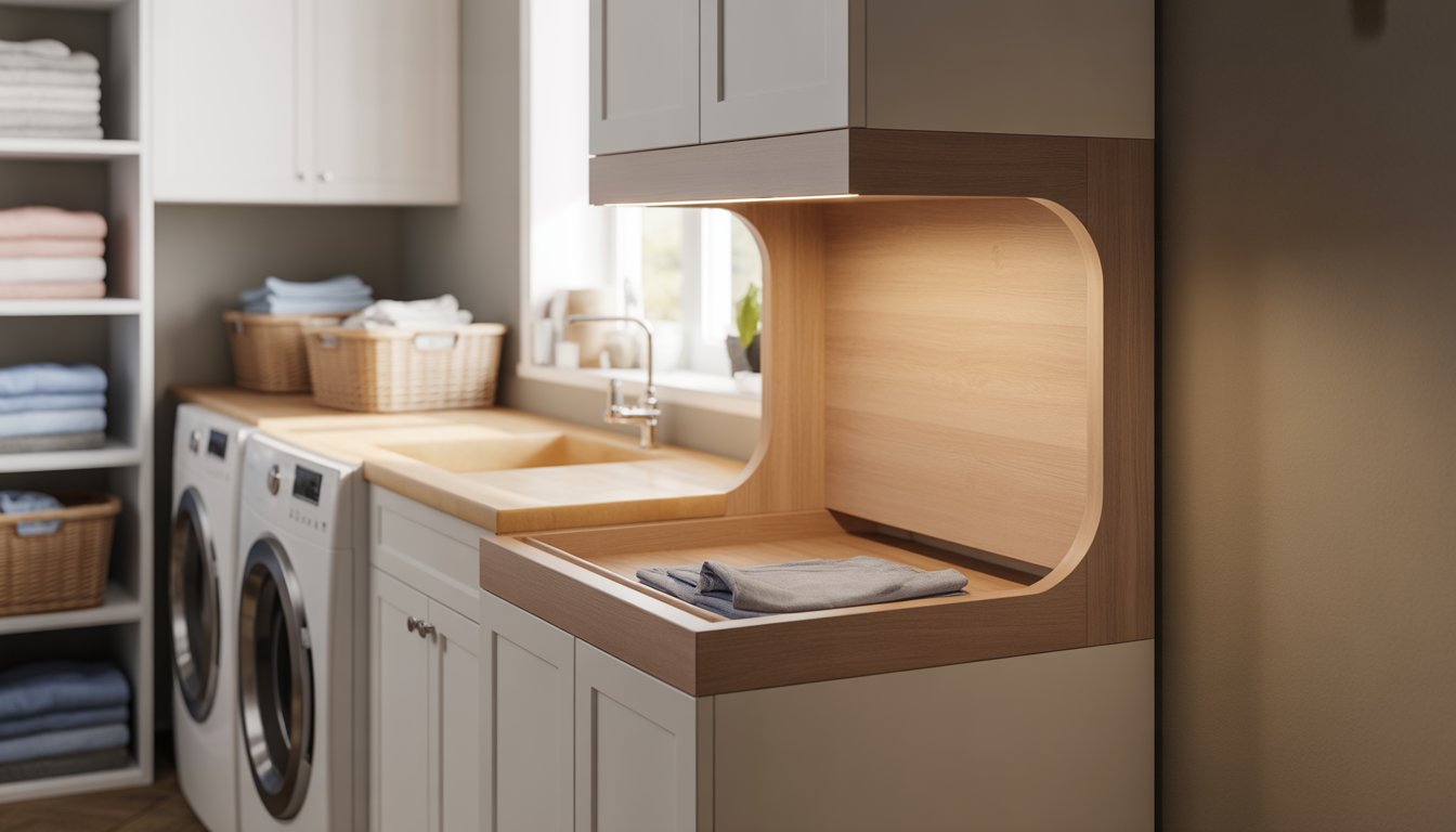 A clean and organized laundry room with a compact corner folding station, washing machine, dryer, and neatly folded clothes.