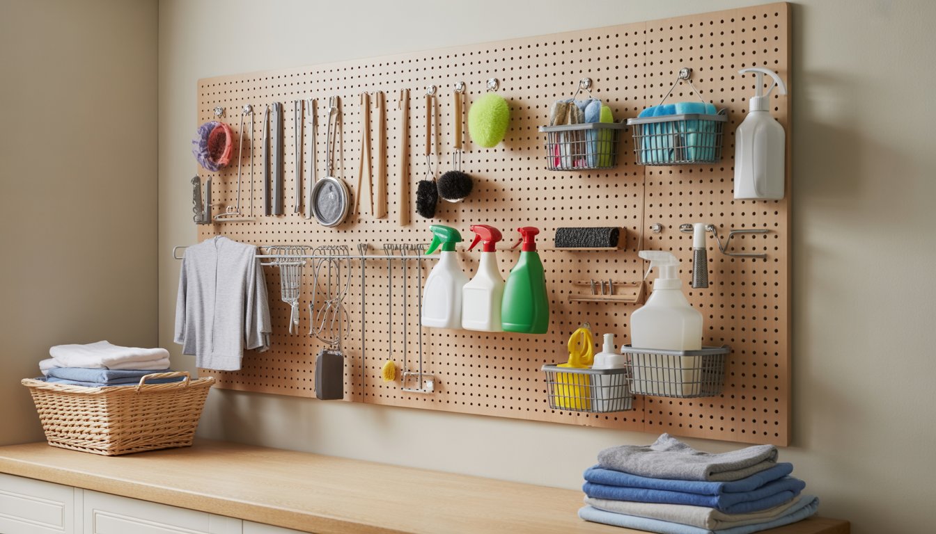 A laundry room with a pegboard wall holding various laundry tools and supplies above a countertop with folded clothes and a laundry basket.
