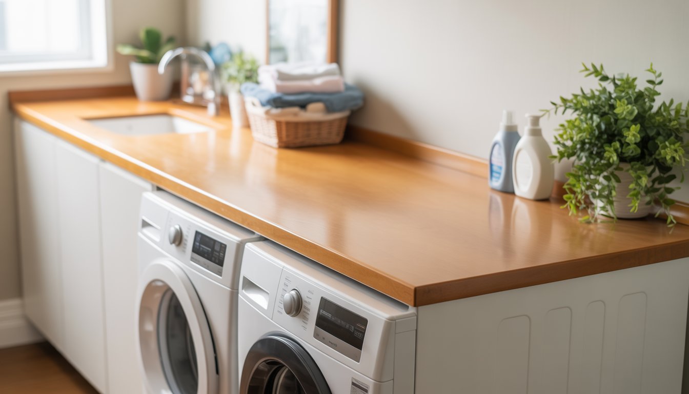 Laundry room with a sliding wooden countertop over a front-loading washer and dryer, featuring laundry supplies and a small plant.