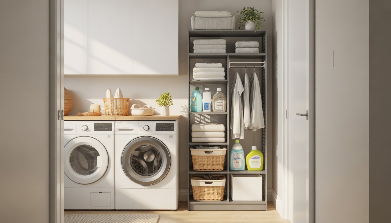 A compact vertical storage tower in a small laundry room with shelves holding laundry supplies and folded towels next to a washing machine and dryer.