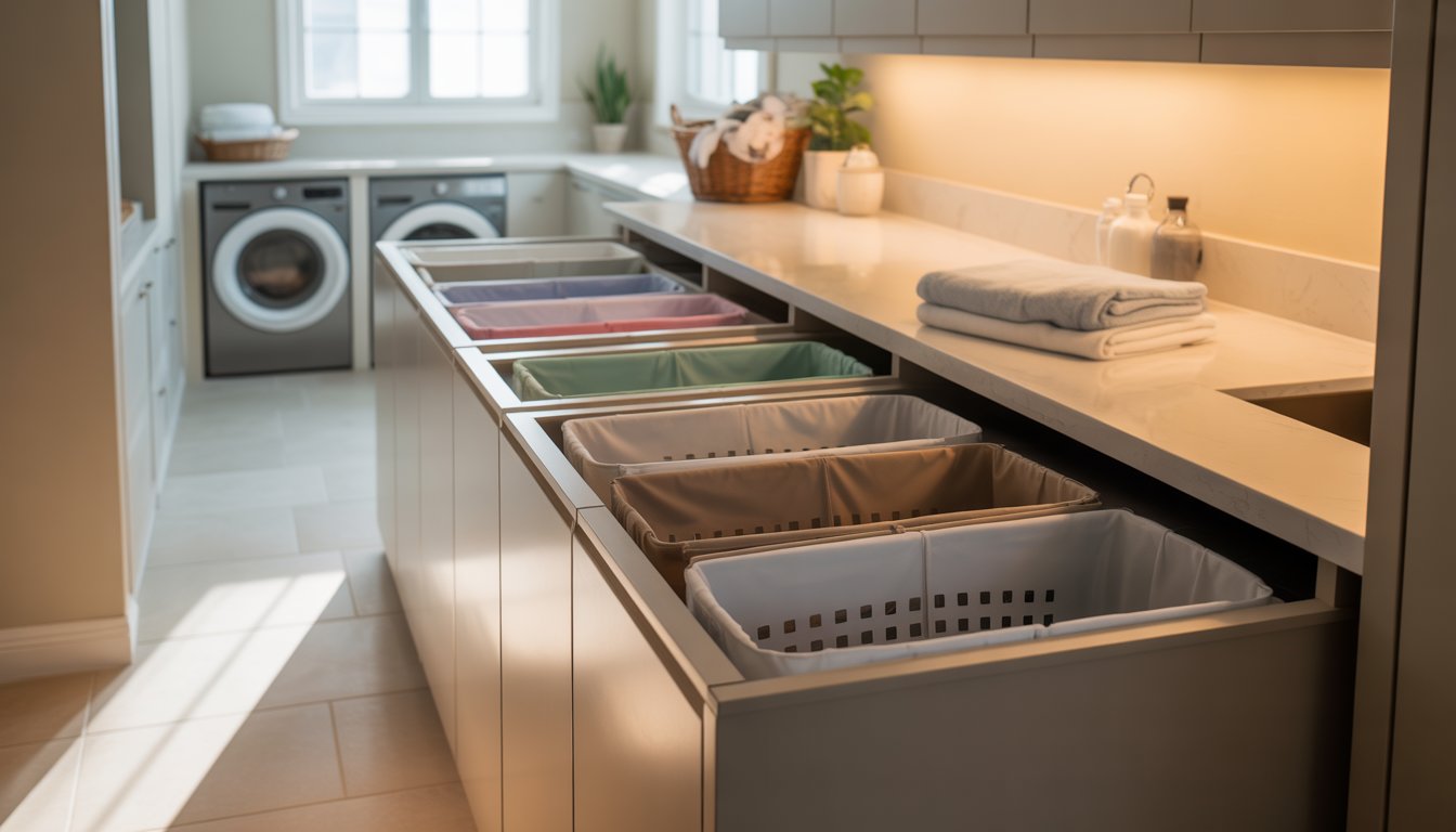 A laundry room with built-in hampers divided into sorting sections, a countertop with folded towels, and a washing machine and dryer.