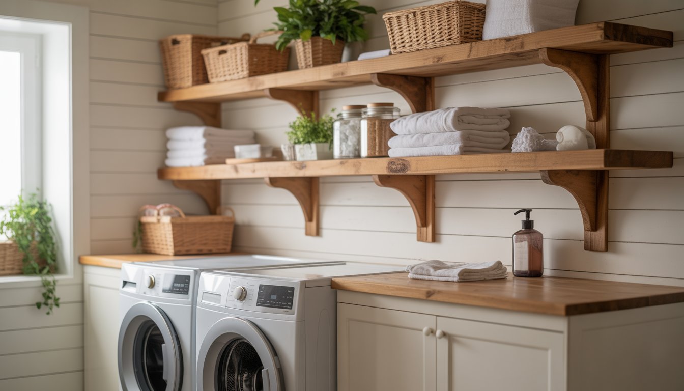 A laundry room with wooden open shelves holding towels, baskets, and plants above a washing machine and dryer.