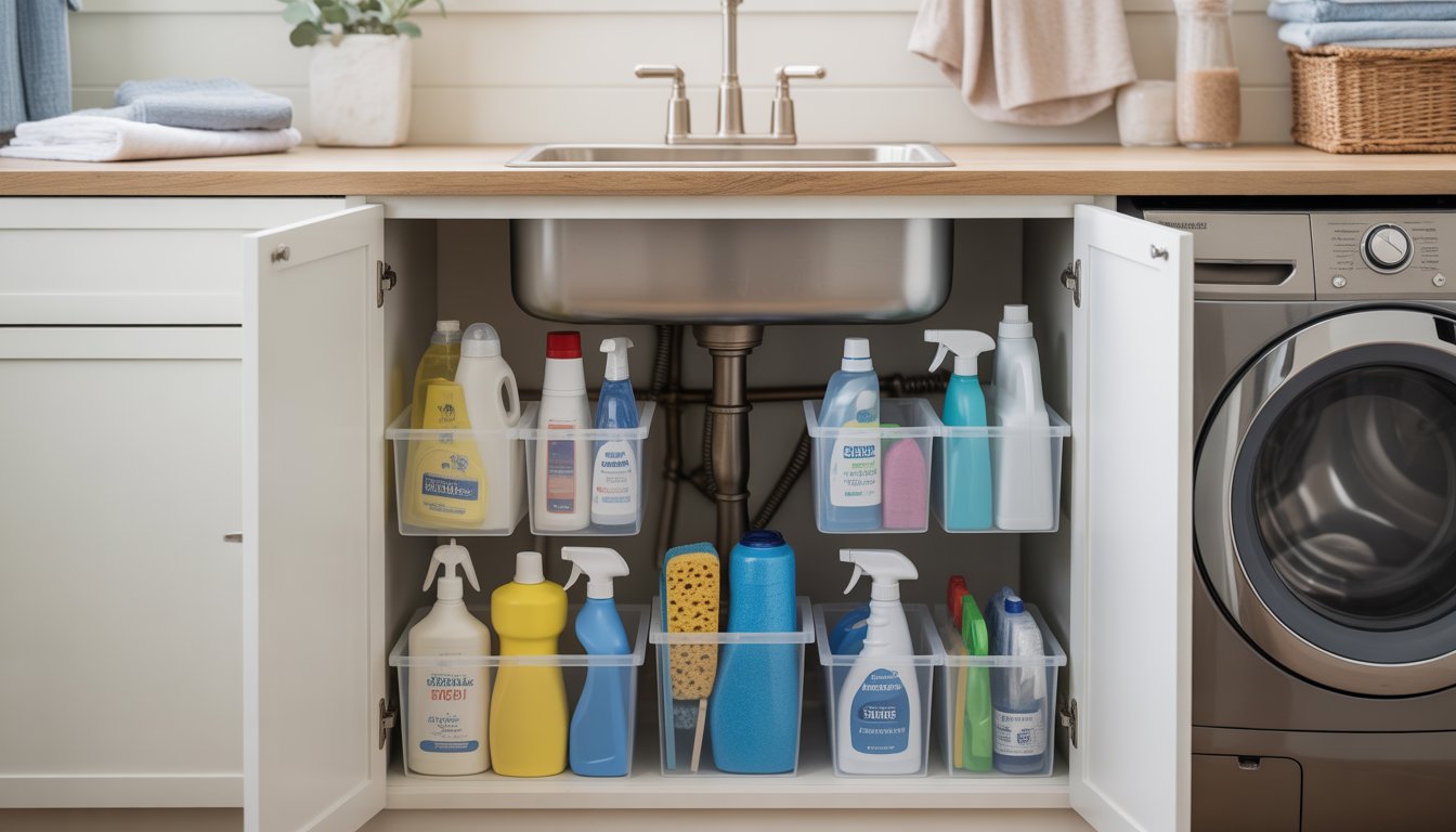 Under-sink cabinet in a laundry room neatly organized with cleaning supplies and storage bins.